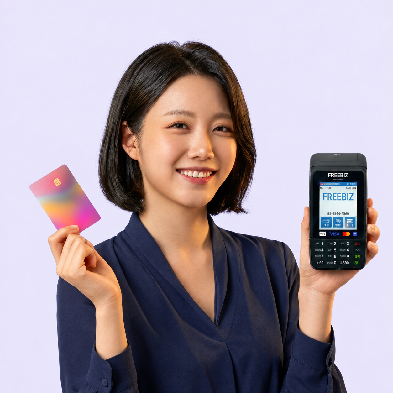 카드와 프리비즈 단말기를 들고 웃는 여성 모델의 상품 홍보 이미지